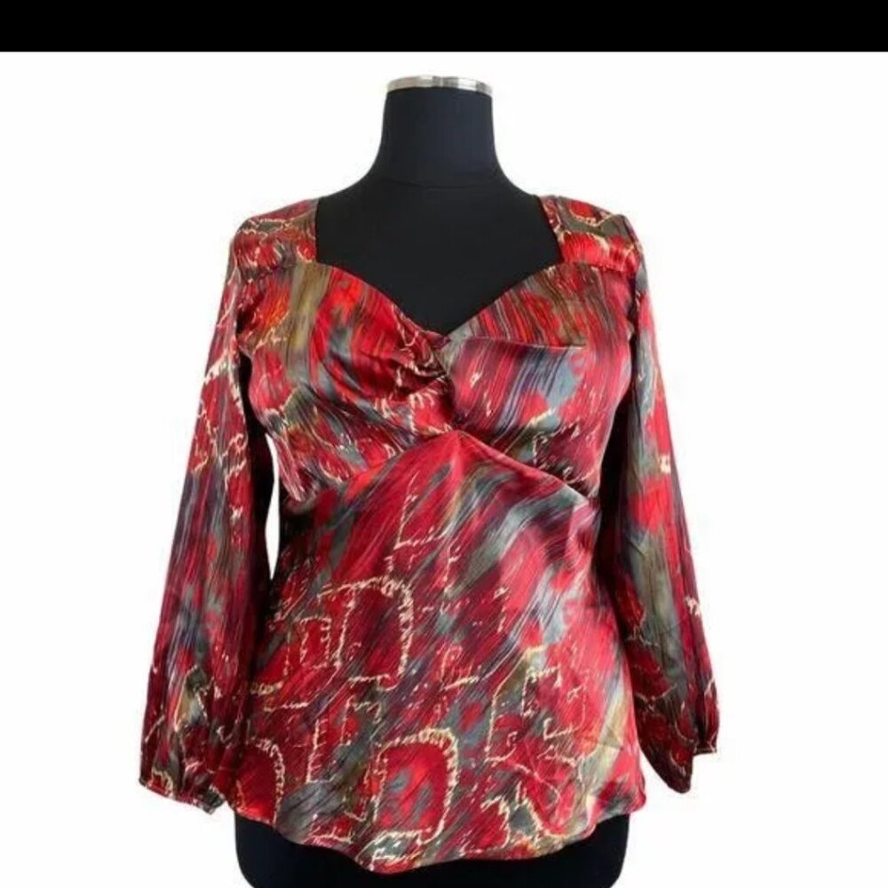Lane Bryant Size 14-16 Blouse Top Silky Whimsigoth Red & Gray Empire Waist Tunic